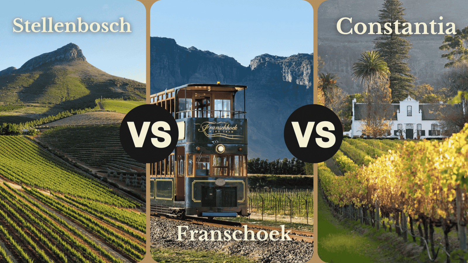Stellenbosch versus Franschhoek versus Constantia wine region comparison banner